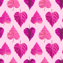 Endless pattern of pink leaves in the form of hearts on a pink background. Love ornament, Valentine's day background.