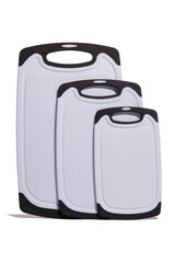 Cropped shot of 3 plastic cutting boards with different dimensions. Boards are of white color with black inserts at the edges. Cutting boards are isolated on the white background. Photo for catalog.