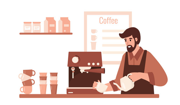 Man barista making Coffee in cafe with coffee machine. Male person character working in coffee shop. Small business. Flat or cartoon Vector illustration.