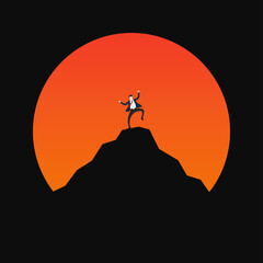 Silhouette of businessman jump for joy on the top mountain