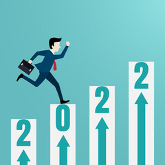 Businessman run on financial bar graph