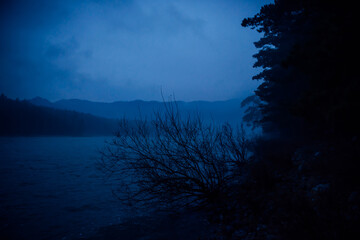 Fototapeta na wymiar Night mountain landscape in blue tones. Evening twilight, fog over the river, dark silhouettes of trees on the shore. Abstract conceptual natural background. Copy space.