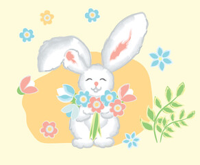Cute rabbit hand-drawn holding flowers