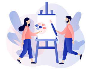 Artist. Art school or studio. Tiny people artists with canvas on easel, pallete and brushes. Art workshop. Create picture. Modern flat cartoon style. Vector illustration on white background