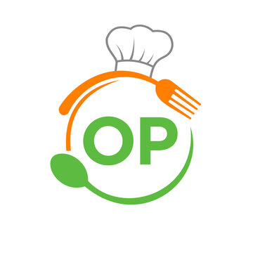 Letter OP Restaurant Logo with Chef Hat Spoon And Fork Template. Restaurant Logo On Letter OP Barbecue, Cafe Logo Vector