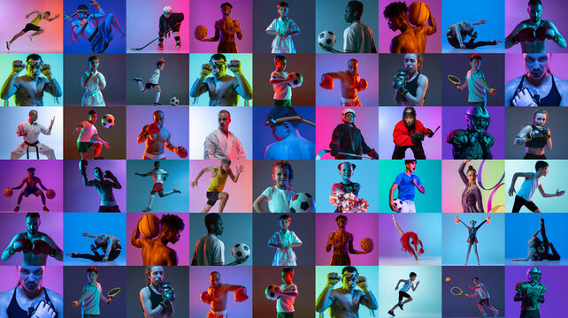 Portraits Of Professional Athletes Of Different Sports Posing, Training Isolated Over Multicolored Background In Neon Lights. Collage