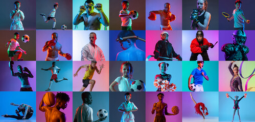 Collage. Portraits of young sportsmen and children training, posing isolated over multicolored...