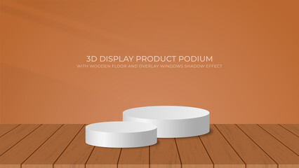 3D Podium in Wooden Floor and Wall Background with Windows Shadow Overlay Effect, Suitable for Display Product Cosmetic, Beauty, Fashion, Etc