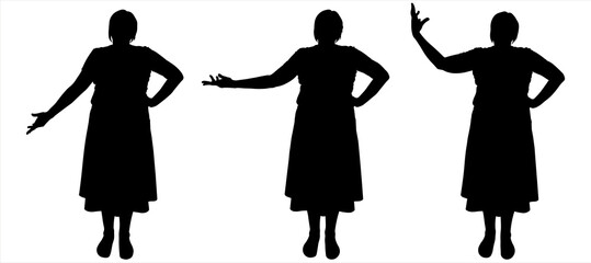 Women stand in one row, hands are kept on the belt, bending at the elbow. Women move their hands: moves the hand to the side, up, forward, back. Foreground. Female black silhouette isolated on white