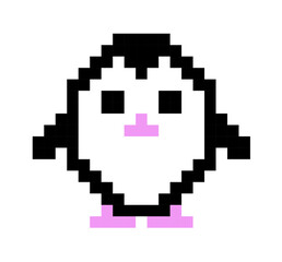 Obraz premium Pixel art icon for video game and print on different product. Cute penguin isolated vector illustration on white background. Design in black, white and pink colors. 