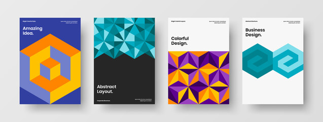 Fototapeta premium Clean booklet A4 vector design layout bundle. Colorful mosaic hexagons corporate brochure illustration set.