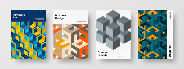 Fototapeta premium Unique corporate brochure A4 design vector concept composition. Amazing geometric tiles flyer illustration set.