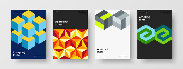 Obraz premium Multicolored geometric tiles front page illustration set. Bright company cover design vector template collection.
