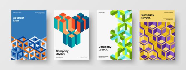 Colorful company cover design vector illustration bundle. Vivid geometric pattern corporate brochure concept set.