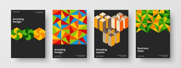 Naklejka premium Multicolored mosaic hexagons company brochure template composition. Fresh booklet design vector layout collection.
