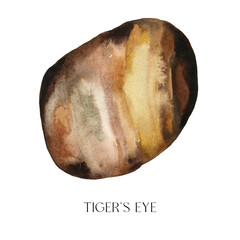 Watercolor abstract tiger eye stone. Hand painted jewel stone isolated on white background. Minimalistic illustration for design, print, fabric or background. - 486527749