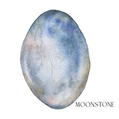 Watercolor abstract moonstone. Hand painted jewel stone isolated on white background. Minimalistic illustration for design, print, fabric or background.