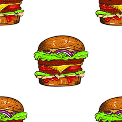 Pattern Delicious hamburger drawing in hand drawn style. Volumetric drawing. Isolated on white background. 