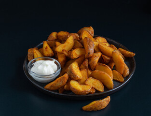 Baked potato wedges. Mexican potatoes. Potatoes with paprika and sauce. Selective focus. Dark background. On a round dish. Close-up.