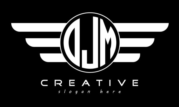 OJM three letter monogram type circle letter logo with wings vector template.