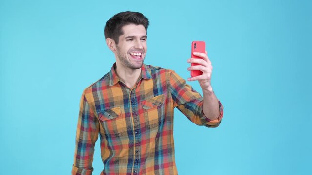 Blogger guy video record live stream gadget isolated blue color background