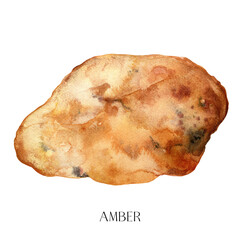 Watercolor abstract amber stone. Hand painted jewel stone isolated on white background. Minimalistic illustration for design, print, fabric or background.