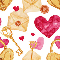 Watercolor seamless pattern with locks, keys, hearts and envelopes on white. Retro, antique golden padlock. Red crystal love symbol. Vintage postal packaging for letters. Hand painted romantic design