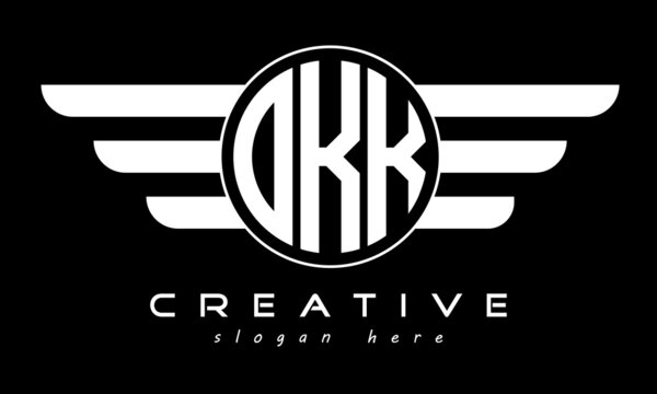 OKK three letter monogram type circle letter logo with wings vector template.