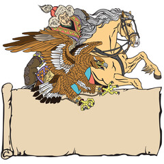 Hunting with a golden eagle on a horse. Kazakh nomad hunter sitting on pony horseback in the gallop. Traditional falconry in the Eurasian Steppe. Template with an ancient scroll