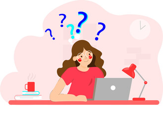 Working girl with laptop is thinking about problems 