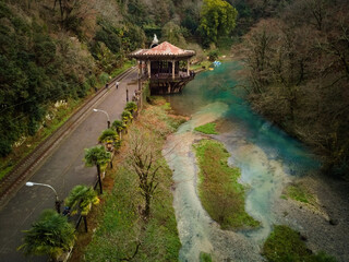 Top view of an abandoned railway station on the Psyrtsha River in Novy Afon, Abkhazia. Photographed from a drone.
