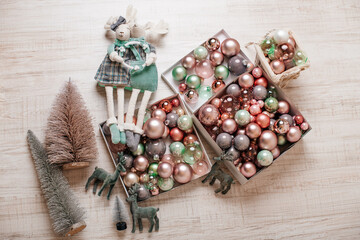 Christmas tree decorations. Christmas and New Year concept. Creative festive holiday layout