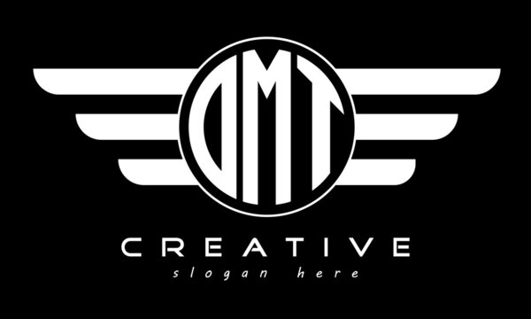 OMT three letter monogram type circle letter logo with wings vector template.