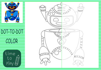
children's educational game. connect the dots. coloring. blue flying robot.