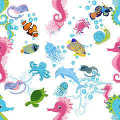 Marine life, fish, animals bright seamless pattern. sea travel, underwater diving animal tropical fish. Jellyfish, whale, shark, seahorse, clown fish, dolphin, turtle, emperor
