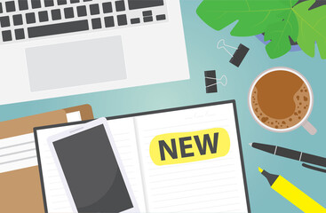 new written in notebook, flat lay desk composition- vector illustration