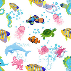 Marine life, fish, animals bright seamless pattern. sea travel, underwater diving animal tropical fish. Jellyfish, whale, shark, seahorse, clown fish, dolphin, turtle, emperor