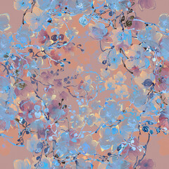 Abstract seamless floral print drawn exotic flowering branches