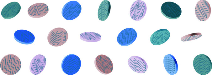 set of Modern geometric 3d abstract vector Small isolated short cylinders, pills, candies, circles with zigzags