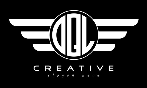OQL three letter monogram type circle letter logo with wings vector template.