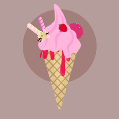 ice cream in a cone flat cartoon illustration strawberry vanilla