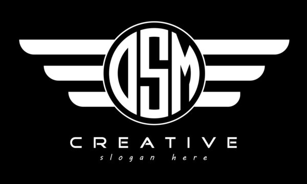 OSM three letter monogram type circle letter logo with wings vector template.