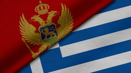 3D rendering of two flags of Montenegro and Greece together with fabric texture, bilateral relations, peace and conflict between countries, great for background