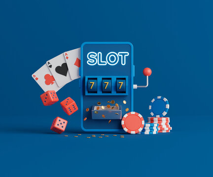 3d rendering online casino on smartphone. Slot machine with dices, playing cards and casino chips.