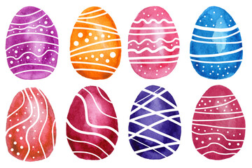 Set of colorful watercolor easter eggs with ornament on white background. Watercolor illustration.  Spring holiday card. Perfect for greeting card, invitation, postcard, print.