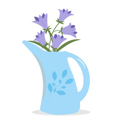 Blue watering can with bluebell flowers on a white background. Flat style. Vector.