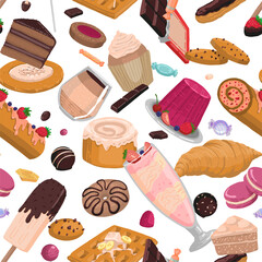 Sweet food seamless pattern. Ornament of varied delicious desserts. Vector illustration in flat style. Cartoon design for wallpaper, decor, wrap, background.