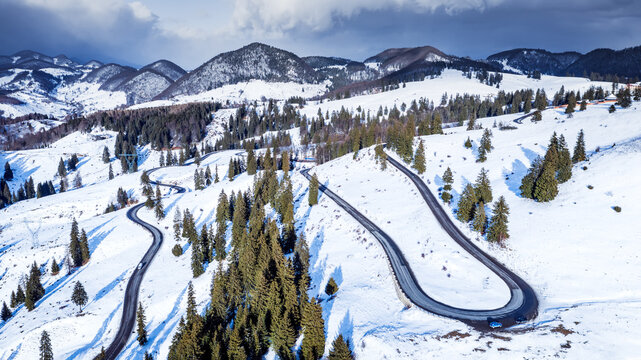 Aerial scenic footage of Fundata Pass in Carpathian Mountains