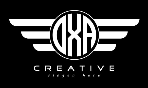OXA three letter monogram type circle letter logo with wings vector template.