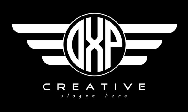 OXP three letter monogram type circle letter logo with wings vector template.